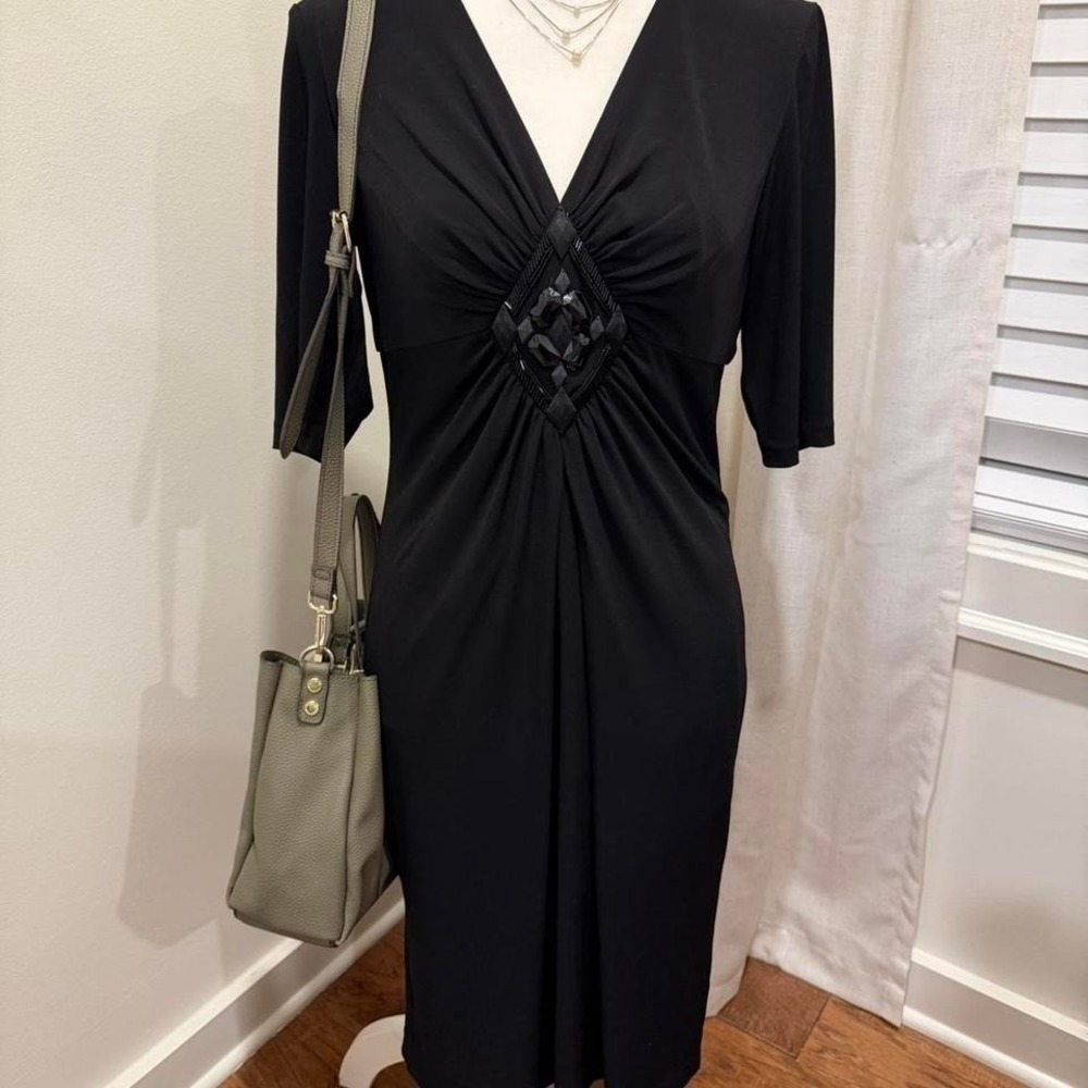 Donna Ricco New York Black Beaded V-Neck Sheath Dress Elbow Sleeve Cocktail 10